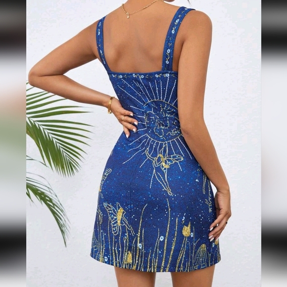 Women's Bodycon Knit Printed Spaghetti Strap Split Hem Mini Dress - Picture 2 of 5